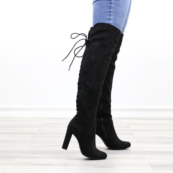 Black Over The Knee Heeled Boots Thigh High Suede With Lace Up Back - Picture 7 of 14